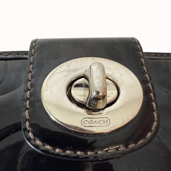 Coach Black Patent Leather Wallet Trifold Turnlock Closure Embossed Signature - Picture 7 of 16